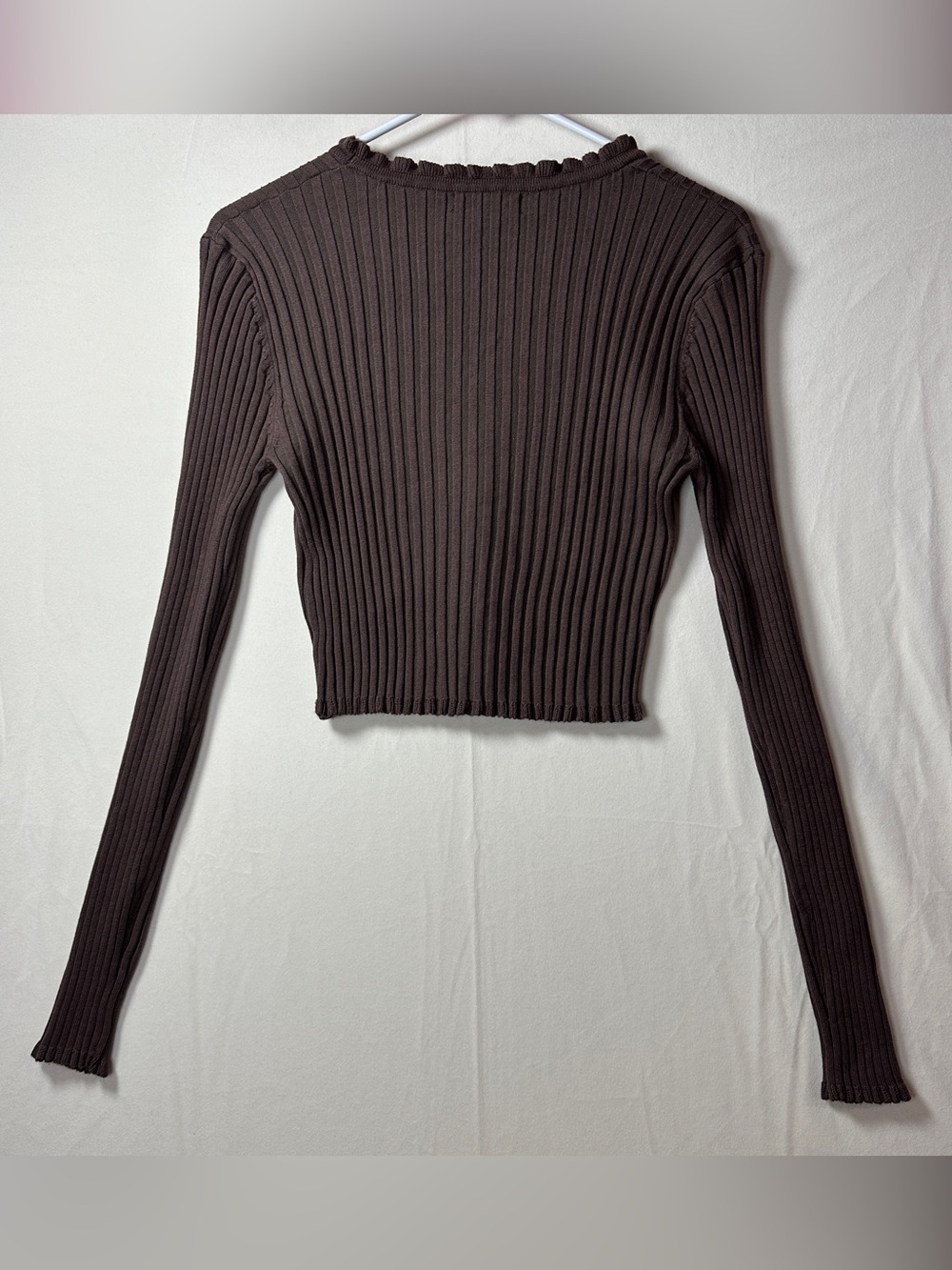 Fall Aesthetic Love Tree Brown Ribbed V-Neck Ruffle-Edge Button Cardigan Chic L - Picture 3 of 6